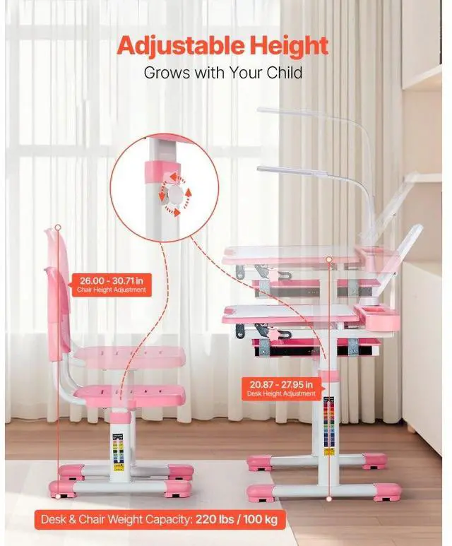 Alt view image 2 of 7 - VEVOR Kids Chair and Desk Set Table Lamp Adjustable Height & Tilted Desktop Pink