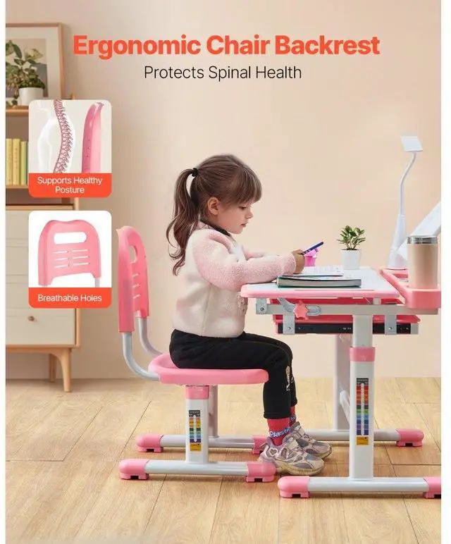 Alt view image 4 of 7 - VEVOR Kids Chair and Desk Set Table Lamp Adjustable Height & Tilted Desktop Pink
