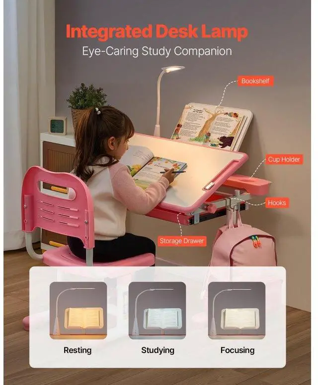 Alt view image 5 of 7 - VEVOR Kids Chair and Desk Set Table Lamp Adjustable Height & Tilted Desktop Pink