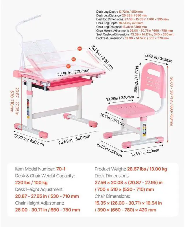 Alt view image 7 of 7 - VEVOR Kids Chair and Desk Set Table Lamp Adjustable Height & Tilted Desktop Pink