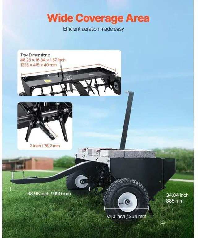 Alt view image 2 of 14 - VEVOR  Tow Behind Plug Aerator, 48-Inch Tow Behind Lawn Plug Aerator with Universal Hitch, Pull Behind Aerator with Iron Spikes Alternately Arranged, Lawn Aerator Tow Behind for Gardens, Lawns, Farms