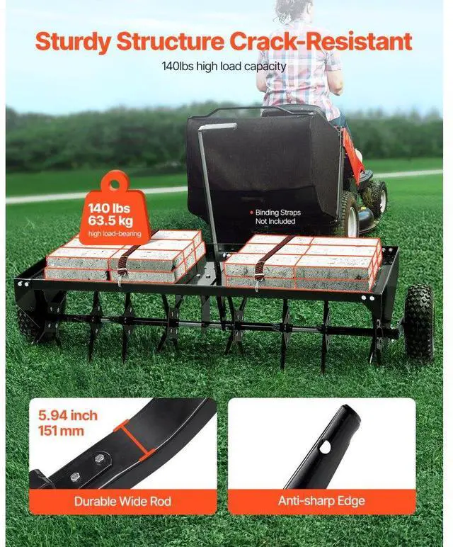 Alt view image 4 of 14 - VEVOR  Tow Behind Plug Aerator, 48-Inch Tow Behind Lawn Plug Aerator with Universal Hitch, Pull Behind Aerator with Iron Spikes Alternately Arranged, Lawn Aerator Tow Behind for Gardens, Lawns, Farms