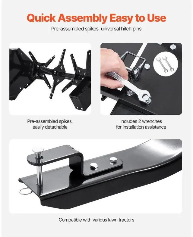 Alt view image 5 of 14 - VEVOR  Tow Behind Plug Aerator, 48-Inch Tow Behind Lawn Plug Aerator with Universal Hitch, Pull Behind Aerator with Iron Spikes Alternately Arranged, Lawn Aerator Tow Behind for Gardens, Lawns, Farms