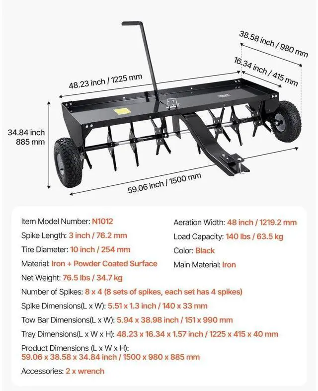 Alt view image 7 of 14 - VEVOR  Tow Behind Plug Aerator, 48-Inch Tow Behind Lawn Plug Aerator with Universal Hitch, Pull Behind Aerator with Iron Spikes Alternately Arranged, Lawn Aerator Tow Behind for Gardens, Lawns, Farms