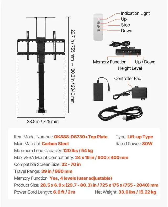 Alt view image 7 of 7 - VEVOR Motorized TV Lift Stand Mount Bracket with Remote Control for 32-70 in TV