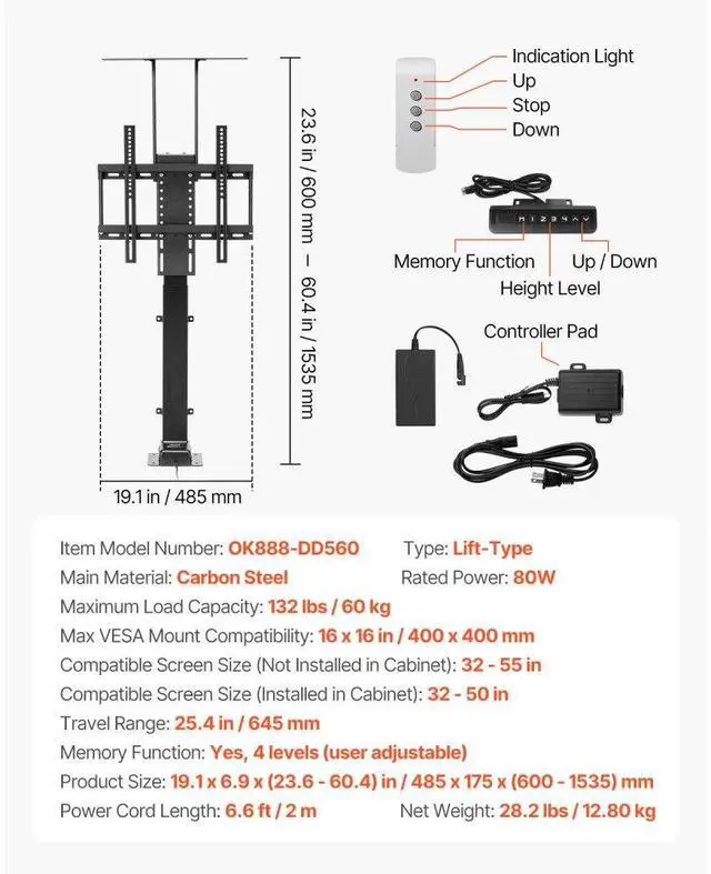 Alt view image 7 of 7 - VEVOR Motorized TV Lift Stand Mount Bracket 132 lbs Load with Remote Control