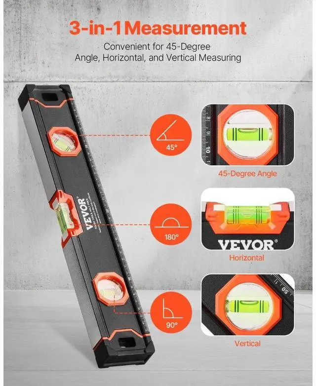 Alt view image 5 of 7 - VEVOR 6-Piece Torpedo Level, 78/48/32/24/16/10 Inch All Magnetic Levels Set, Bubble Vials Ruler for 45/90/180 Degree, Aluminum Alloy Magnetic Box Leveler Tool, Shock-Resistance, SAE and Metric Scale