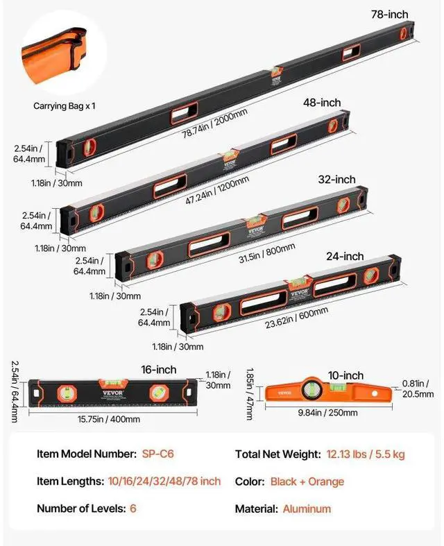 Alt view image 7 of 7 - VEVOR 6-Piece Torpedo Level, 78/48/32/24/16/10 Inch All Magnetic Levels Set, Bubble Vials Ruler for 45/90/180 Degree, Aluminum Alloy Magnetic Box Leveler Tool, Shock-Resistance, SAE and Metric Scale