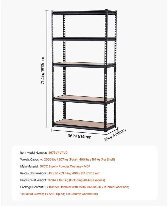 Alt view image 7 of 7 - VEVOR Storage Shelves 16" D x 36" W x 71.4" H 5-tier Garage Storage Shelving