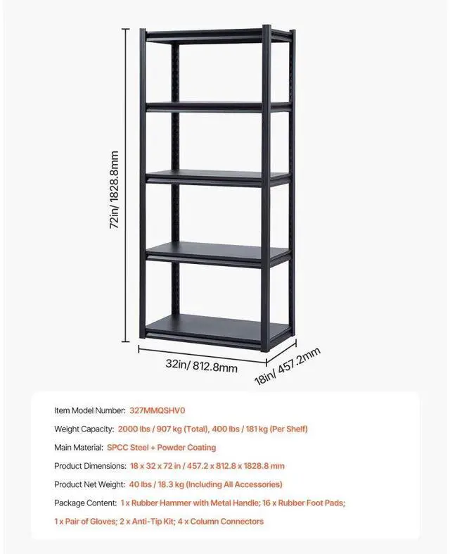 Alt view image 7 of 7 - VEVOR Storage Shelves 18" D x 32" W x 72" H 5-tier Garage Storage Shelving