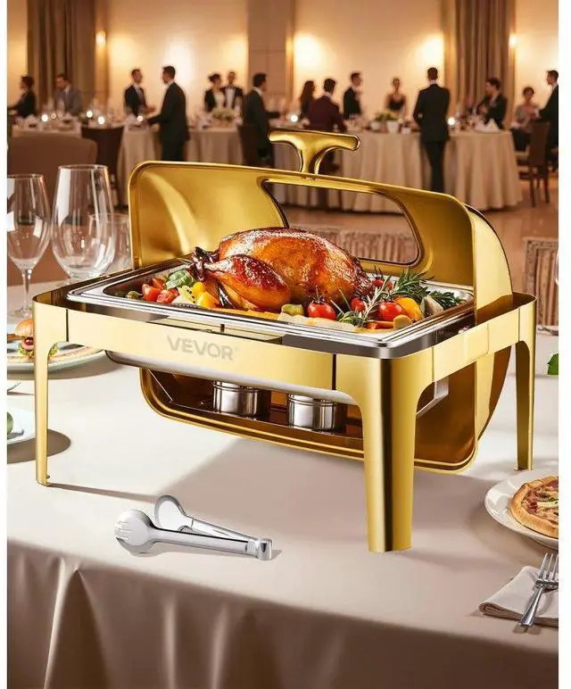 Main image of VEVOR Roll Top Chafing Dish Buffet Complete Set, 9Qt Stainless Steel Chafer with Full Size Pan, Rectangle Catering Warmer Server with Visible Lid Water Pan Folding Stand Fuel Holder Meal Clip, Gold