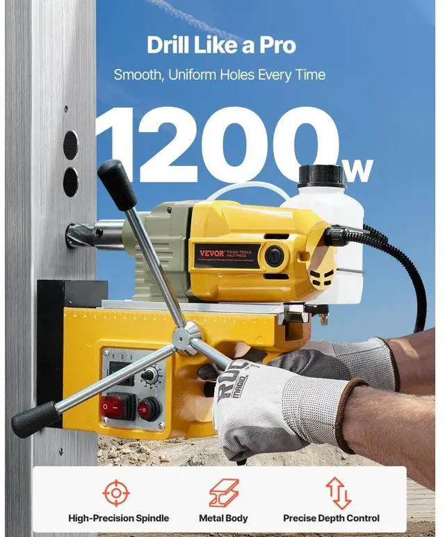 Alt view image 2 of 7 - VEVOR Magnetic Drill 1200W 2810 lbf Mag Drill Press 1.6 in Boring Diameter Yellow
