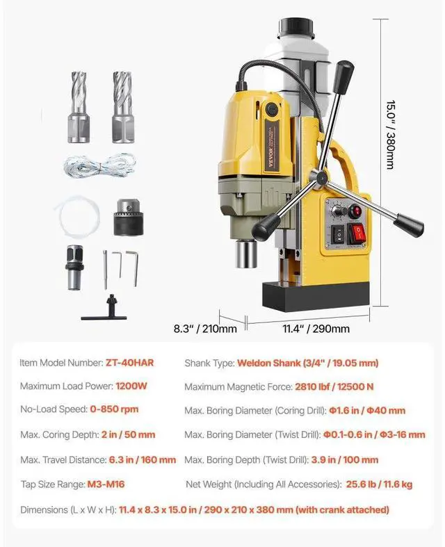 Alt view image 7 of 7 - VEVOR Magnetic Drill 1200W 2810 lbf Mag Drill Press 1.6 in Boring Diameter Yellow