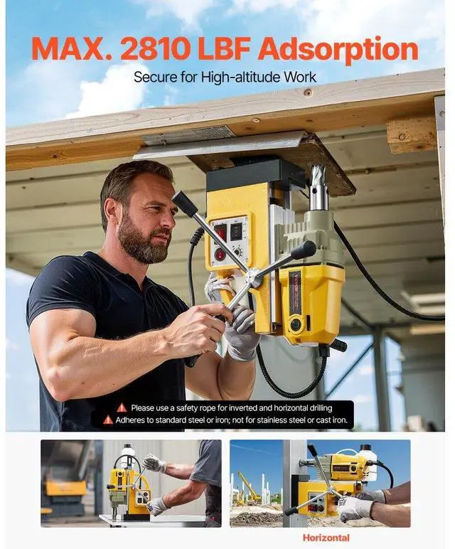 Alt view image 6 of 7 - VEVOR Magnetic Drill 1200W 2810 lbf Mag Drill Press 1.6 in Boring Diameter Yellow