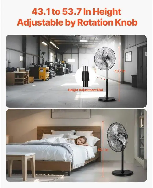 Alt view image 5 of 7 - VEVOR 18" Industrial Pedestal Fan 3-Speed Oscillating Fan with Adjustable Height