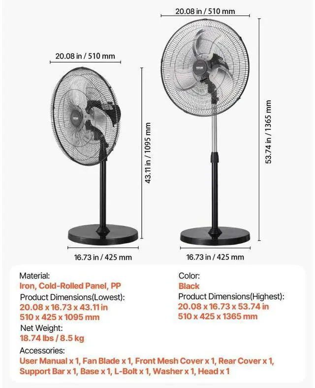 Alt view image 7 of 7 - VEVOR 18" Industrial Pedestal Fan 3-Speed Oscillating Fan with Adjustable Height