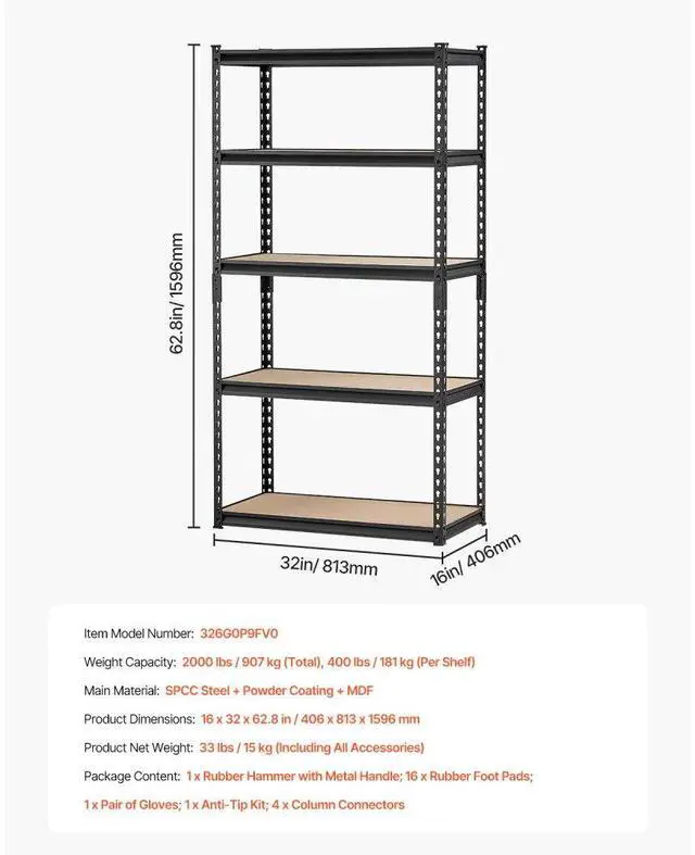 Alt view image 7 of 7 - VEVOR Storage Shelves 16" D x 32" W x 62.8" H 5-tier Garage Storage Shelving