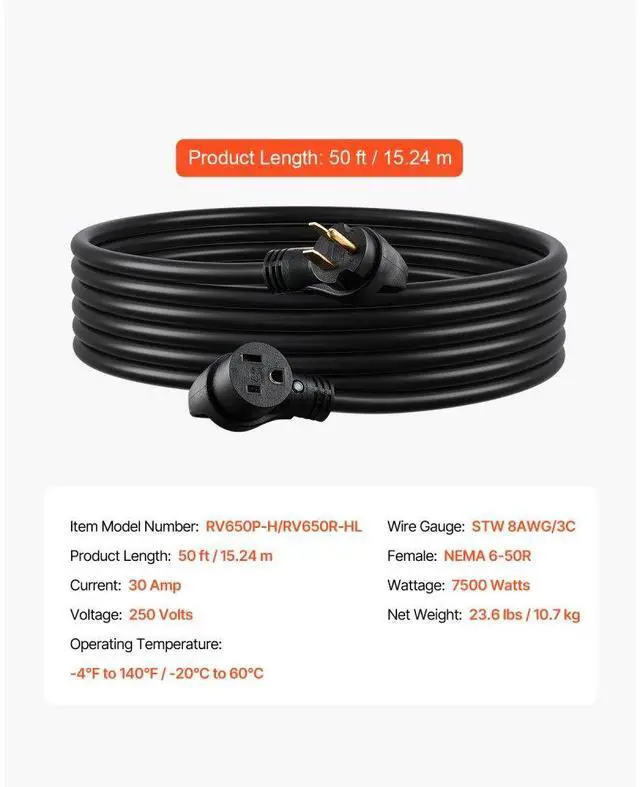Alt view image 7 of 7 - VEVOR 30A Generator Extension Cord 50 ft 250V NEMA 6-50P to 6-50R 7500W Power Cable