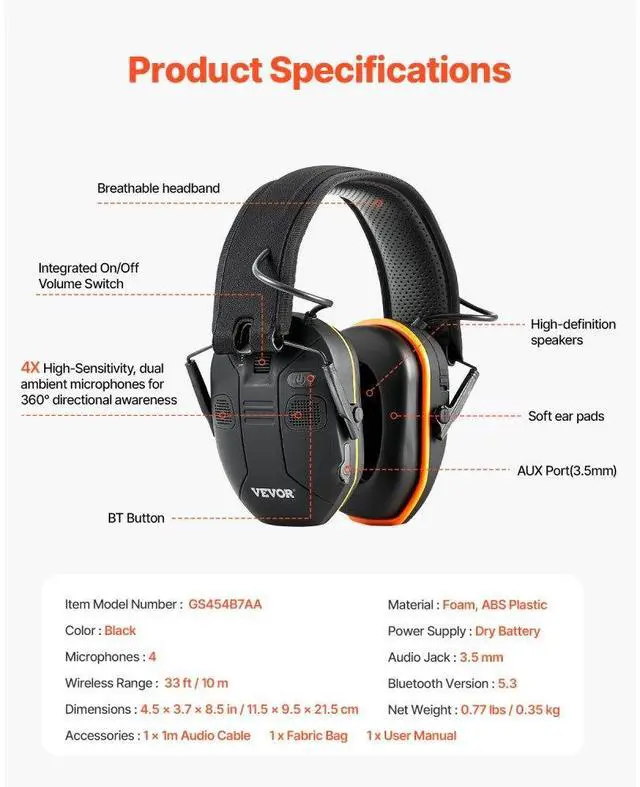 Alt view image 7 of 14 - VEVOR Safety Earmuffs Bluetooth Hearing Protection Ear Muffs Noise Reduction NRR23dB