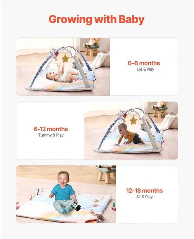 Alt view image 2 of 7 - VEVOR Baby Play Gym Mat Tummy Time Activity Mat with 6 Sensory Toys 35.0" x 35.0"