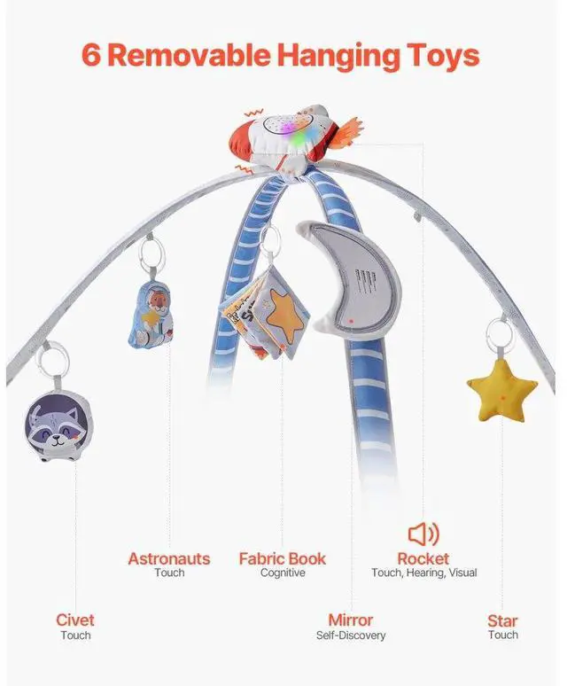Alt view image 3 of 7 - VEVOR Baby Play Gym Mat Tummy Time Activity Mat with 6 Sensory Toys 35.0" x 35.0"