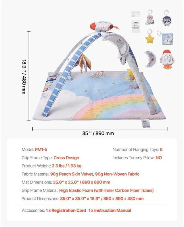 Alt view image 7 of 7 - VEVOR Baby Play Gym Mat Tummy Time Activity Mat with 6 Sensory Toys 35.0" x 35.0"