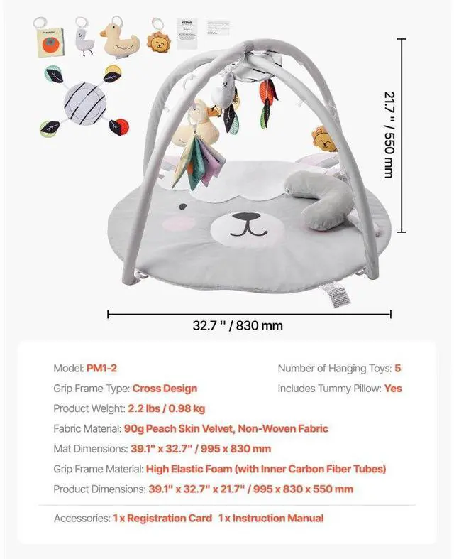 Alt view image 7 of 7 - VEVOR Baby Play Gym Mat Tummy Time Activity Mat with 5 Sensory Toys 39.1" x 32.7"