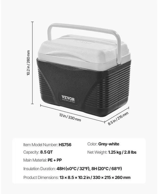 Alt view image 7 of 7 - VEVOR Portable Cooler 8.5 QT Insulated Hard Cooler 12 Can Capacity with Handles