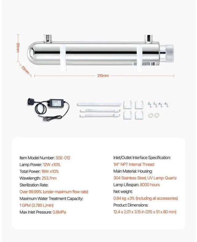 Alt view image 7 of 7 - VEVOR 110V 12W UV Water Purifier 1GPM Ultraviolet Water Purifier Filter