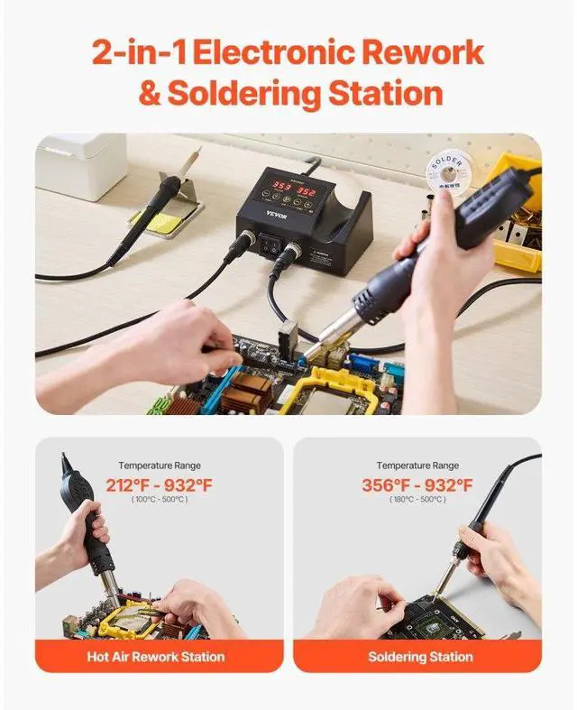 Alt view image 2 of 7 - VEVOR 2-in-1 Hot Air Rework & Soldering Station 750W with Adjustable Temp LED Digital