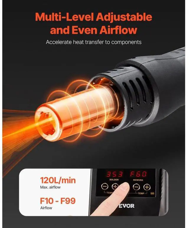Alt view image 4 of 7 - VEVOR 2-in-1 Hot Air Rework & Soldering Station 750W with Adjustable Temp LED Digital