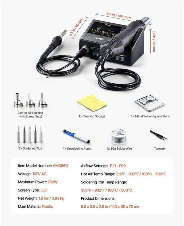 Alt view image 7 of 7 - VEVOR 2-in-1 Hot Air Rework & Soldering Station 750W with Adjustable Temp LED Digital