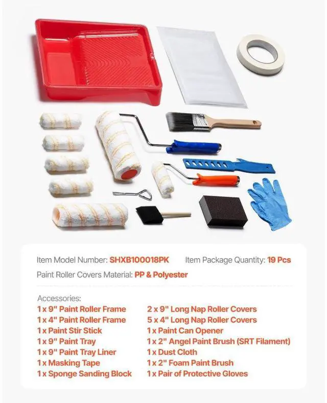 Alt view image 6 of 6 - VEVOR Paint Roller Kit 19 Pcs Paint Roller Set 4" & 9" Paint Rollers with Paint Tray