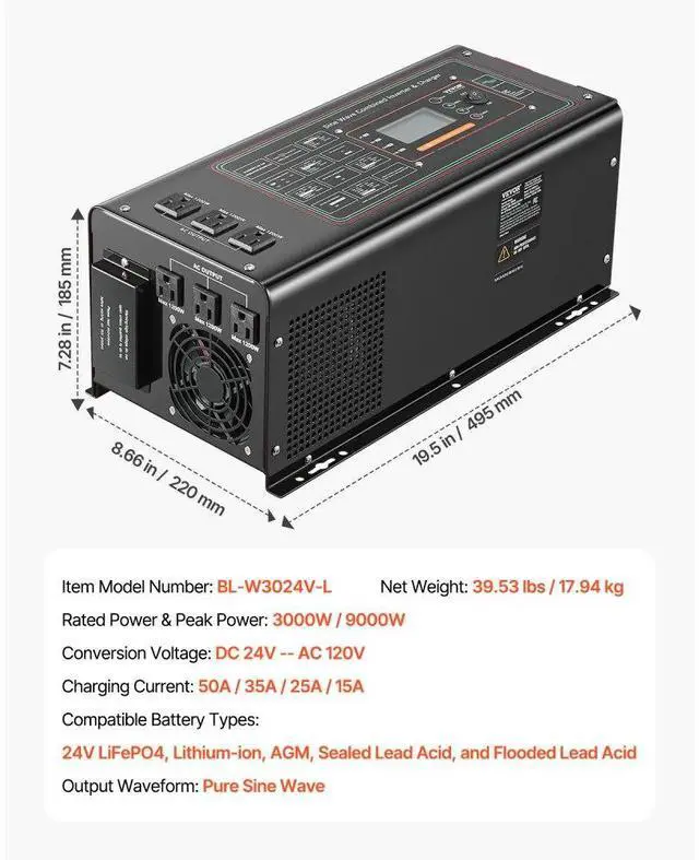 Alt view image 7 of 7 - VEVOR 3000W Pure Sine Wave Inverter Charger DC 24V to AC 120V Power Inverter