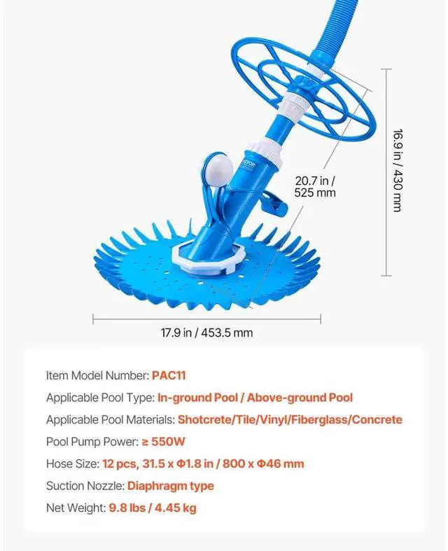 Alt view image 7 of 7 - VEVOR Suction Pool Cleaner, Automatic Pool Vacuum Cleaner, Suction Side Automatic Pool Cleaner, Suction Vacuum Pool Sweeper with 12 Hoses, for In-ground Pool and Above-Ground Pool Up to 20 x 35 ft