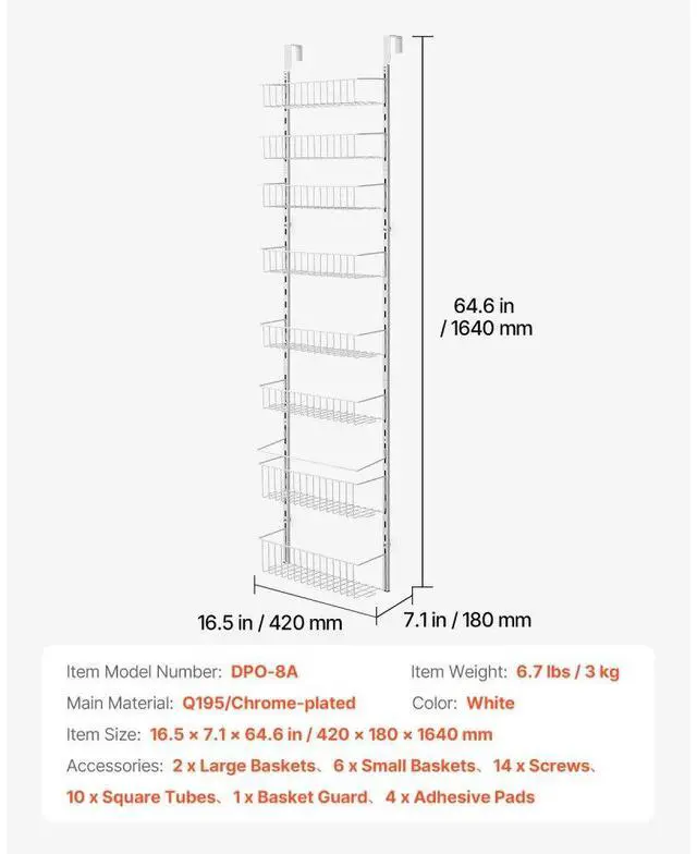 Alt view image 7 of 7 - VEVOR 8-Tier Over the Door Pantry Organizer Hanging Storage Rack Adjustable Kitchen