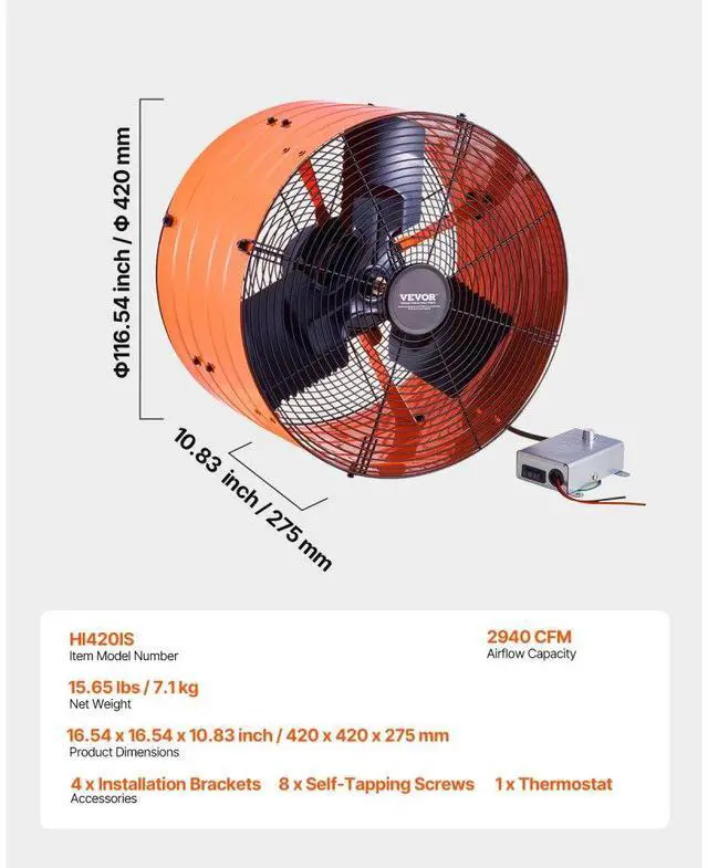 Alt view image 7 of 7 - VEVOR 16 Inch Gable Mount Fan 2940 CFM Attic Exhaust Fan with Adjustable Thermostat