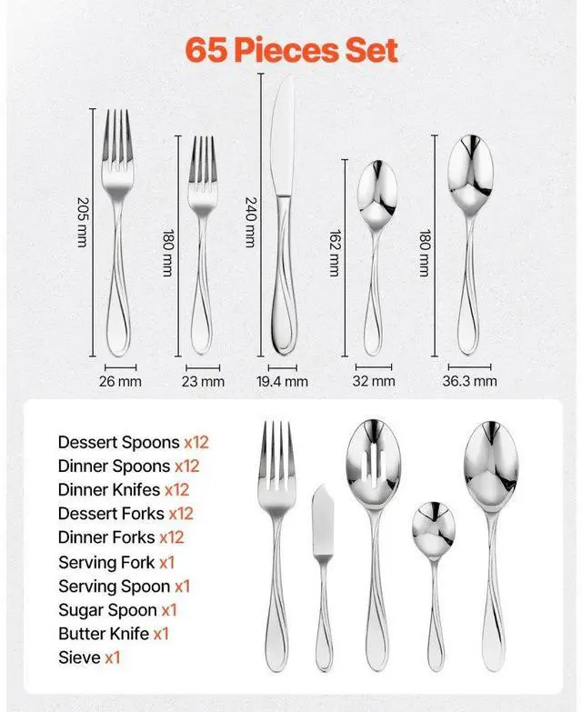 Alt view image 2 of 7 - VEVOR 65-Piece Silverware Set Stainless Steel Cutlery Flatware Utensil Kitchen for 12