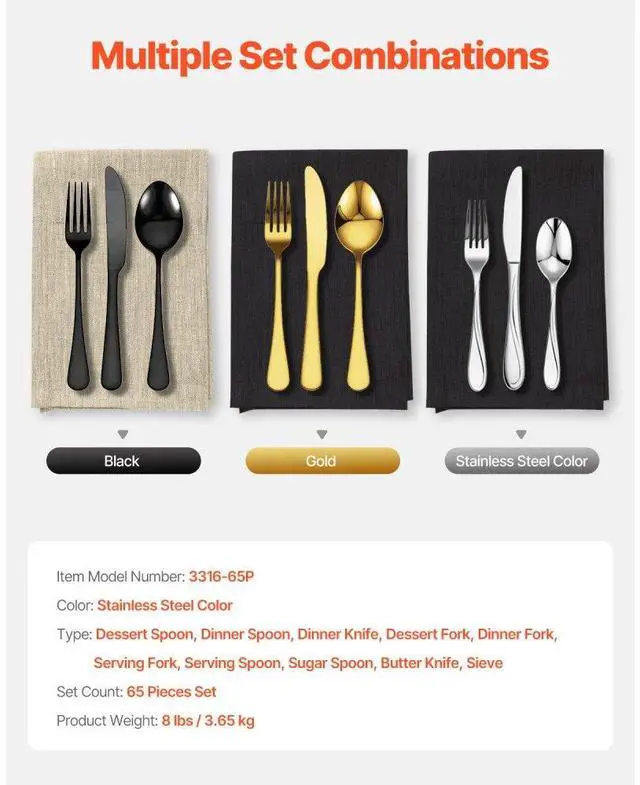 Alt view image 7 of 7 - VEVOR 65-Piece Silverware Set Stainless Steel Cutlery Flatware Utensil Kitchen for 12