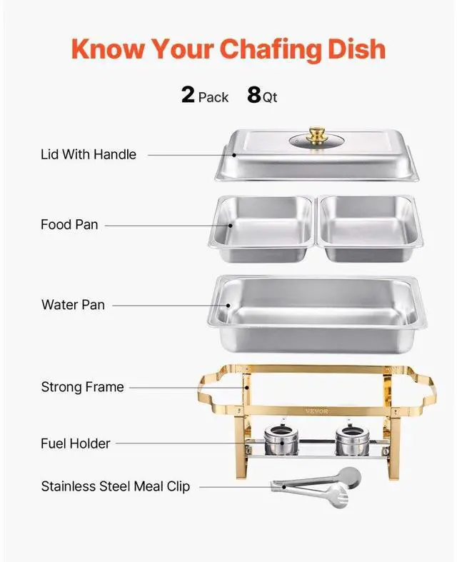 Alt view image 5 of 7 - VEVOR 4 Qt 2 Pack Rectangle Chafing Dish Buffet Set Half Size Pan Stainless Steel Gold