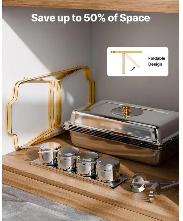 Alt view image 6 of 7 - VEVOR 4 Qt 2 Pack Rectangle Chafing Dish Buffet Set Half Size Pan Stainless Steel Gold