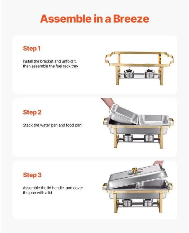 Alt view image 7 of 7 - VEVOR 4 Qt 2 Pack Rectangle Chafing Dish Buffet Set Half Size Pan Stainless Steel Gold
