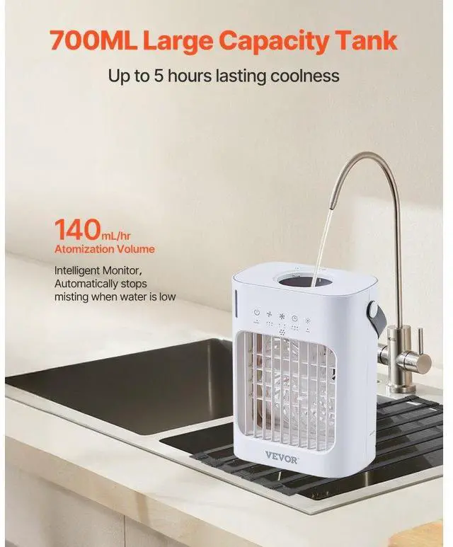 Alt view image 3 of 7 - VEVOR Portable Air Conditioner 4-in-1 Evaporative Air Cooler 700ml Water Tank