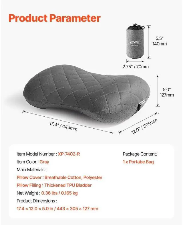 Alt view image 7 of 7 - VEVOR Inflatable Camping Pillow Portable Travel Pillow with Machine Washable Cover