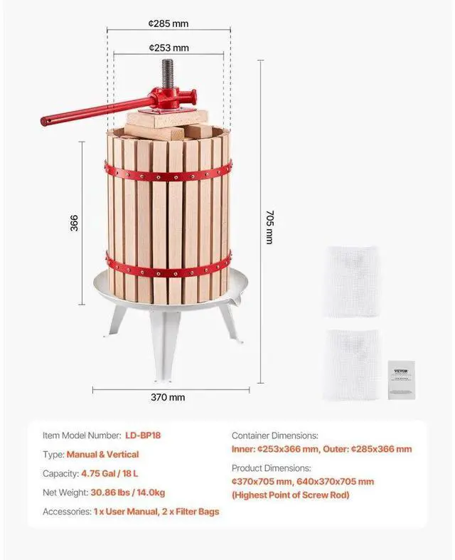 Alt view image 7 of 7 - VEVOR Fruit Wine Press Manual Press for Wine Making 4.75 Gal/18L Wood Basket