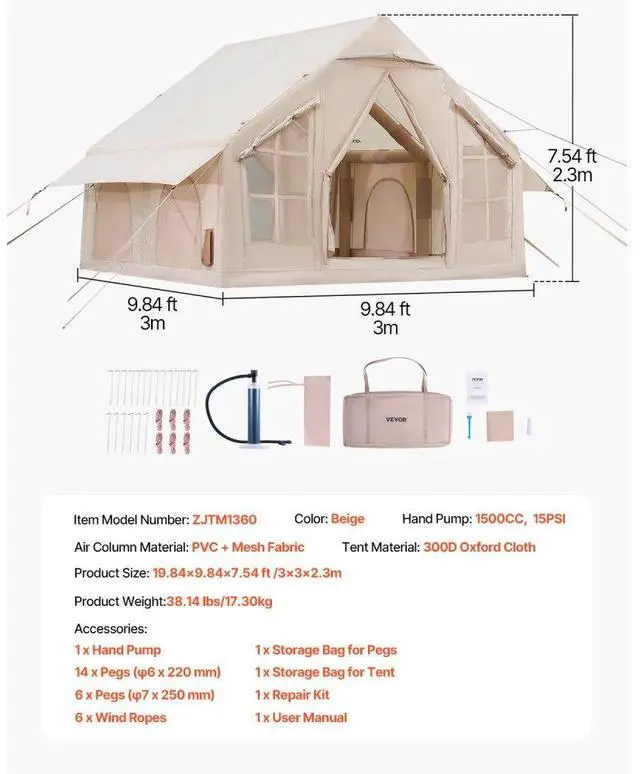 Alt view image 7 of 7 - VEVOR Inflatable Tent for Camping 4-6 Person Glamping Tent with Pump Easy Set up