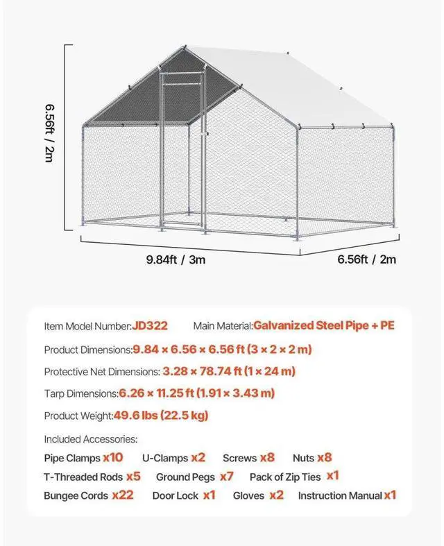 Alt view image 7 of 7 - VEVOR Metal Chicken Coop 9.8x6.5x6.5ft Walk-in Chicken Run with Cover Spire Roof