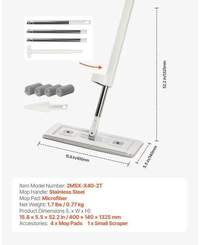 Alt view image 7 of 7 - VEVOR Flat Mop, Self Wringing, Microfiber Floor Cleaner with 4 Reusable & Washable Pads for Dry & Wet Floor Cleaning, Microfiber Flat Mop with Stainless Steel Handle for Hardwood Laminate Tile Vinyl