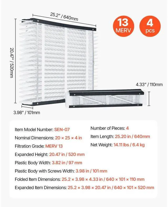 Alt view image 7 of 7 - VEVOR Air Filters MERV 13 Electrostatic Pleated HVAC Furnace Filter 4-Pack 20 x 25 x 4