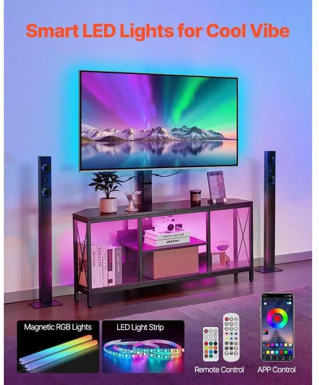 Alt view image 2 of 7 - VEVOR 45" TV Stand with Mount for up to 75 in TVs, Entertainment Center with Power Outlet & LED Lights, Height Adjustable TV Console with Mount with 3 Tiers Storage Cabinets for Bedroom, Living Room